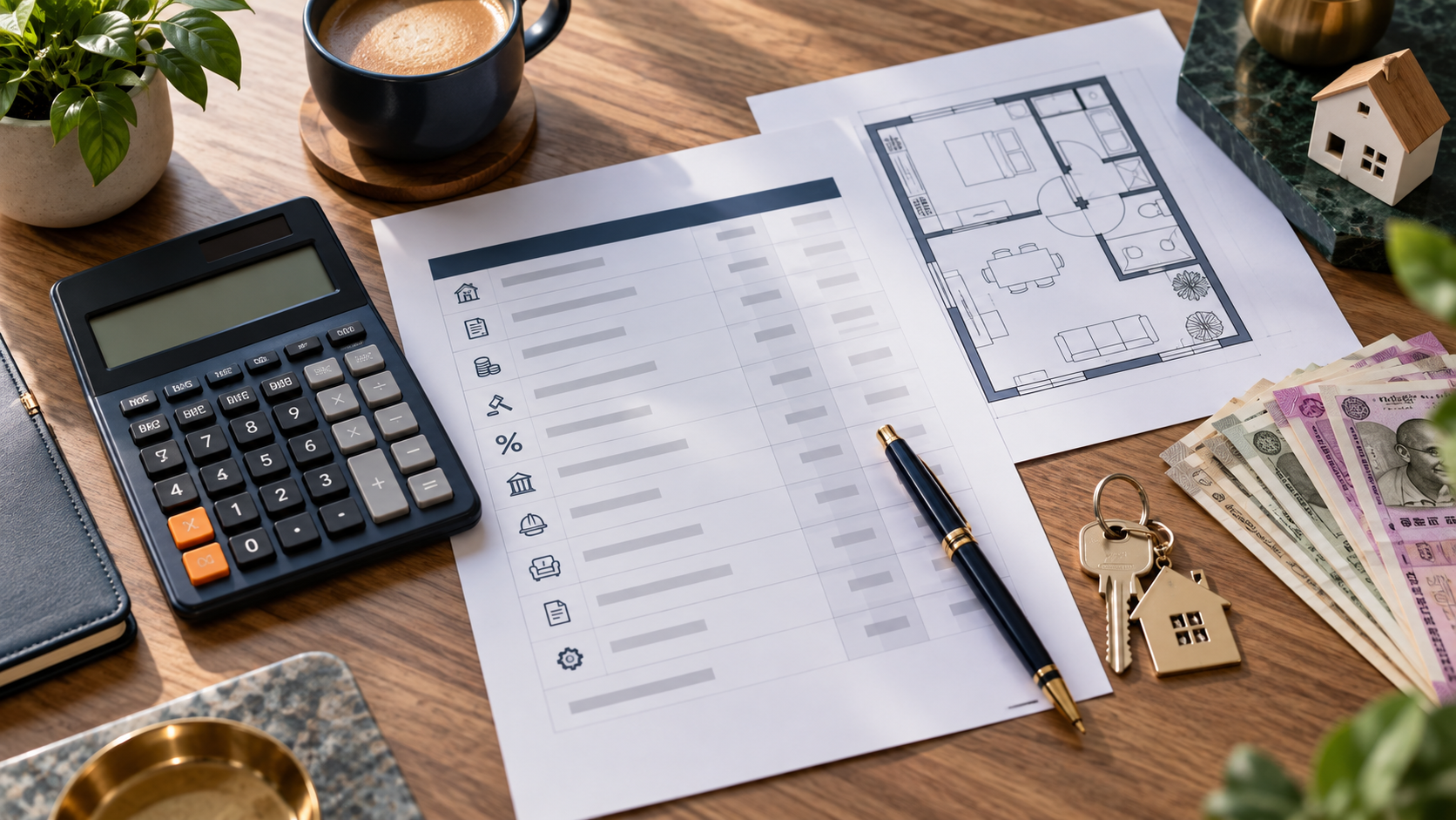 Property cost sheet, calculator, house keys and Indian currency arranged on a desk